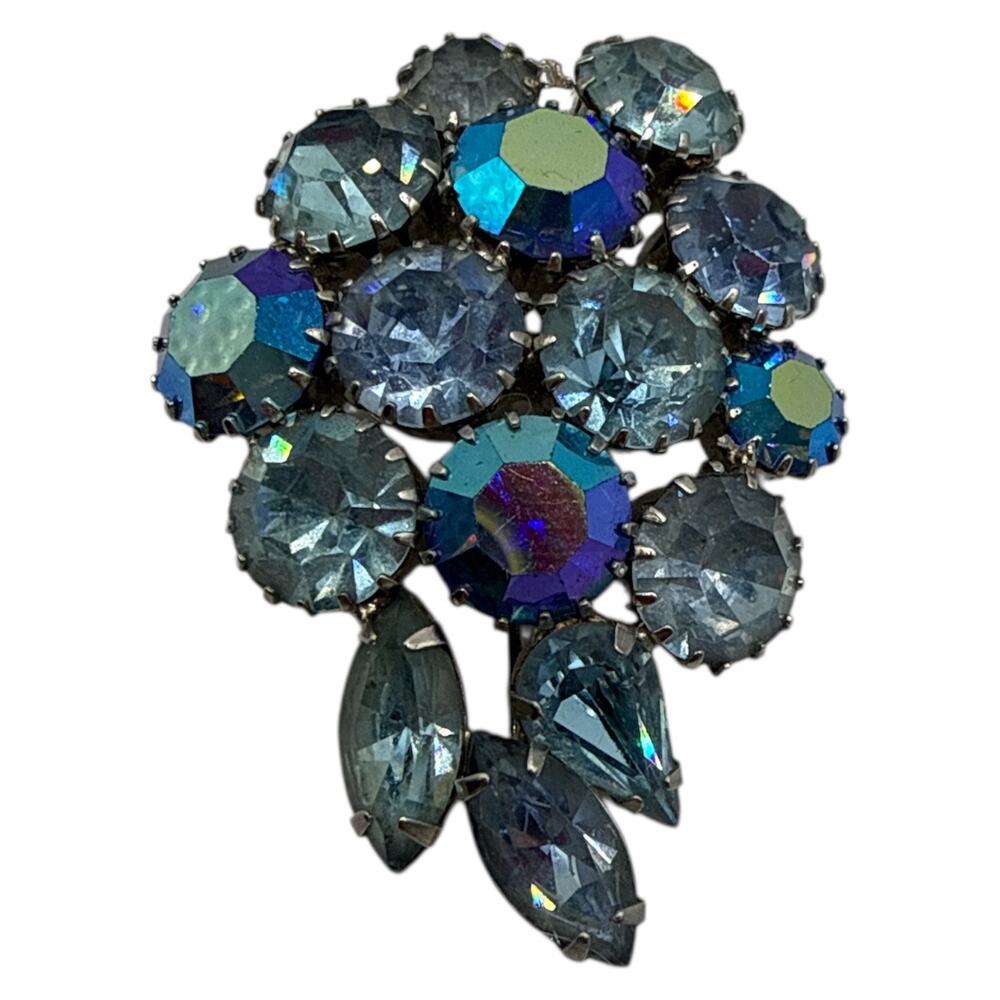 Vintage Signed KARU ARKE INC Blue & Aurora Borealis Rhinestone Brooch